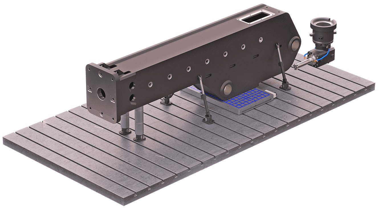 Welded and CNC machined excavator mount on a clamping table